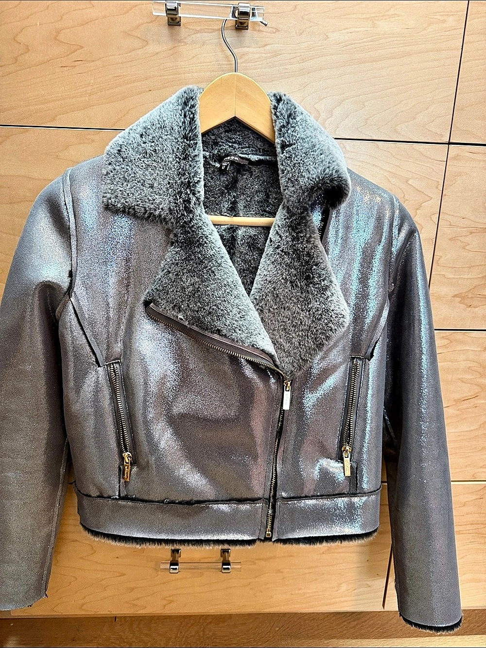 Imoga Metallic Faux Fur Collar Jacket Size 12 Like New / super soft